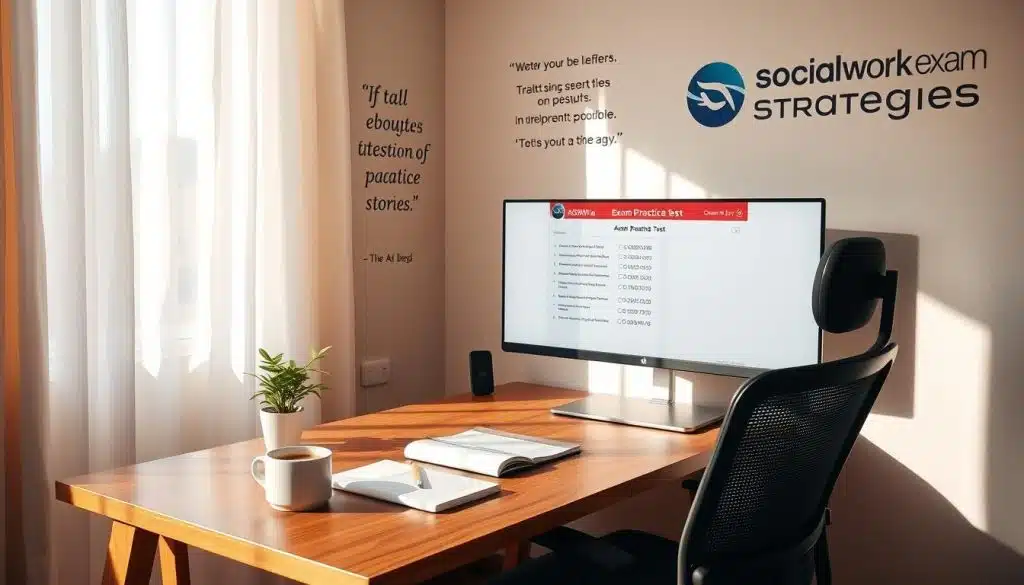 A serene study space with a wooden desk, ergonomic chair, and a large monitor displaying an ASWB exam practice test. Soft natural lighting filters through sheer curtains, creating a calm and focused atmosphere. On the desk, a cup of coffee steams alongside a notebook and pencil, signifying diligent preparation. The walls are adorned with motivational quotes and the "Social Work Exam Strategies" brand logo, inspiring the test-taker. A small potted plant adds a touch of life, symbolizing growth and resilience. The overall scene conveys a sense of readiness and confidence in interpreting the practice test results.
