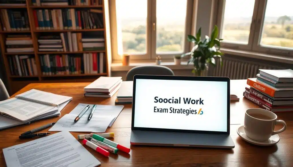 A well-lit and organized study space, with various study materials laid out on a wooden desk. In the foreground, a laptop displays the "Social Work Exam Strategies" logo, surrounded by highlighters, notecards, and a cup of coffee. The middle ground features a bookshelf filled with ASWB exam preparation guides and resources, while the background shows a window overlooking a serene outdoor scene, adding a sense of calm and focus. The lighting is soft and warm, creating a productive and inviting atmosphere.